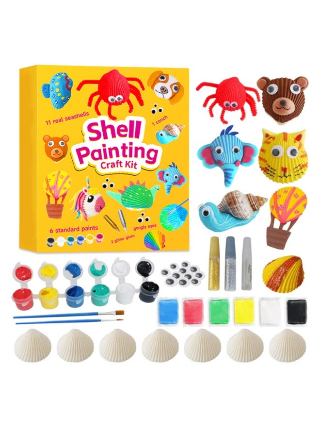 Capstro Kids Shell Painting Craft Kit – DIY Seashell Art Set with 11 Real Shells, Paints, Clay, Glitter Glue & Brushes | Creative Arts & Crafts Activity Gift for Boys & Girls – Colorful Animal Shell Set - Image 1