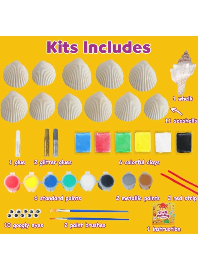 Capstro Kids Shell Painting Craft Kit – DIY Seashell Art Set with 11 Real Shells, Paints, Clay, Glitter Glue & Brushes | Creative Arts & Crafts Activity Gift for Boys & Girls – Colorful Animal Shell Set - Image 2