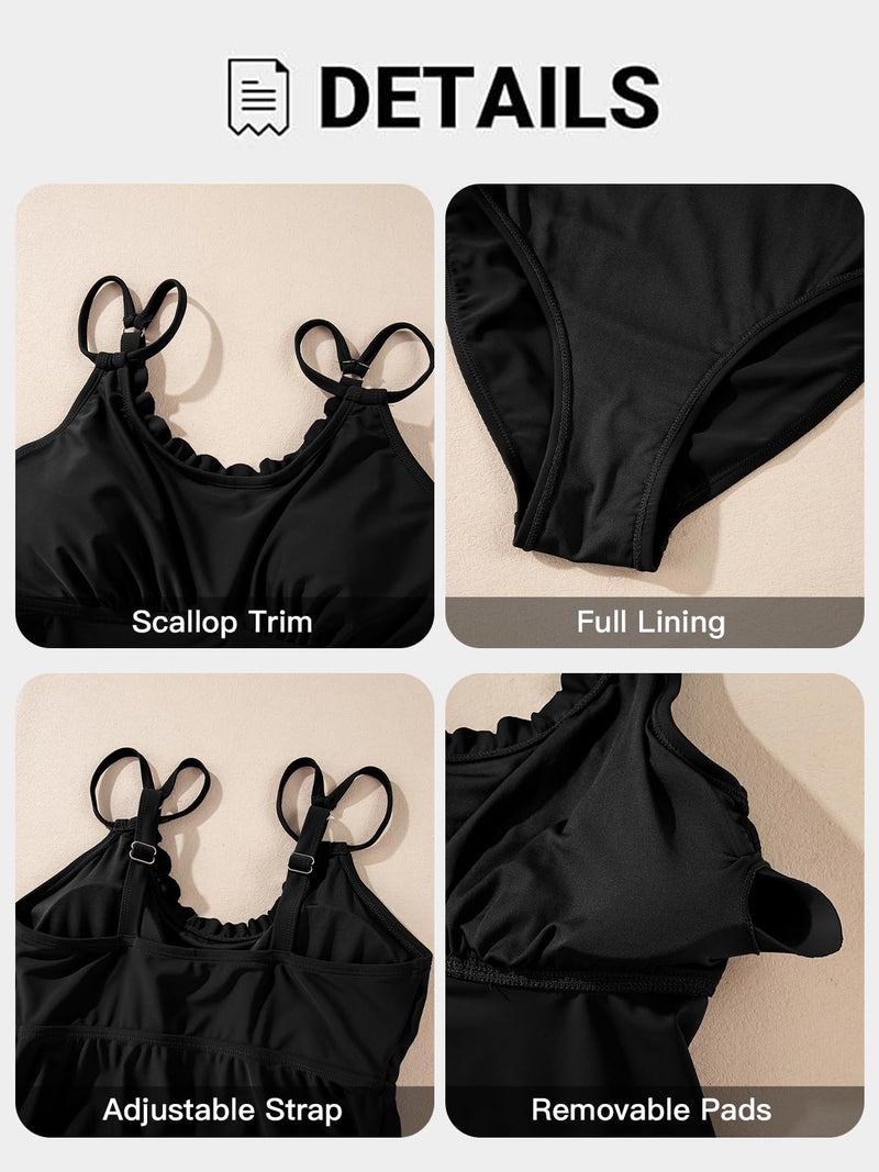 Aleumdr Women's Tankini Bathing Suit 2 Piece Tummy Control Swimsuit Scallop Trim Tankini Top with Bottom Black Large - Image 5