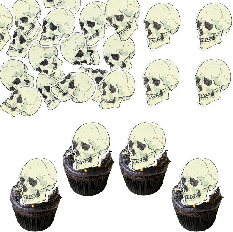 Ephlyn 40Pcs Edible Wafer Paper Cupcake Toppers Edible Skull Cake Picks Horror Skull Cupcake Decors for Halloween Theme Baby Shower Party Cake Decoration Supplies - Image 1