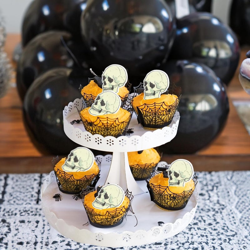 Ephlyn 40Pcs Edible Wafer Paper Cupcake Toppers Edible Skull Cake Picks Horror Skull Cupcake Decors for Halloween Theme Baby Shower Party Cake Decoration Supplies - Image 4