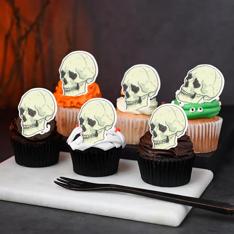 Ephlyn 40Pcs Edible Wafer Paper Cupcake Toppers Edible Skull Cake Picks Horror Skull Cupcake Decors for Halloween Theme Baby Shower Party Cake Decoration Supplies - Image 5