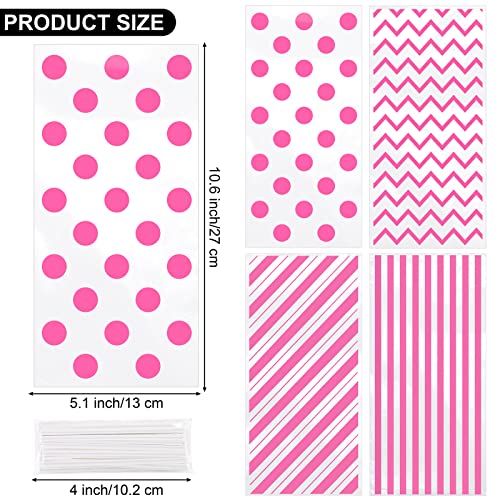 Aodaer 100 Pieces 106 x 51 In Pink Cellophane Bags Plastic Candy Bags Cellophane Treat Bag Polka Dot Stripes Printed Pattern Goodie Gift Bag with Twist Ties for Birthday Baby Showers Weddings Party Supplies - Image 5