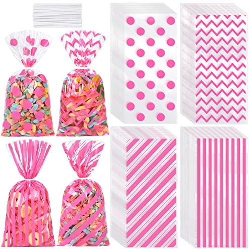 Aodaer 100 Pieces 106 x 51 In Pink Cellophane Bags Plastic Candy Bags Cellophane Treat Bag Polka Dot Stripes Printed Pattern Goodie Gift Bag with Twist Ties for Birthday Baby Showers Weddings Party Supplies - Image 2