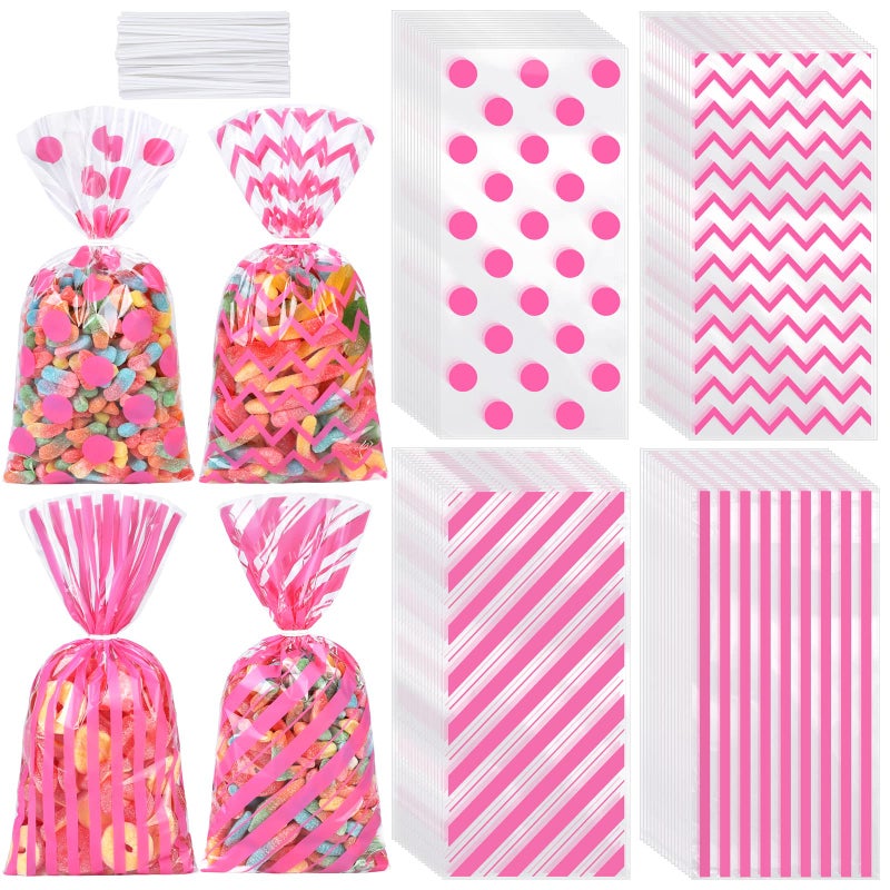 Aodaer 100 Pieces 106 x 51 In Pink Cellophane Bags Plastic Candy Bags Cellophane Treat Bag Polka Dot Stripes Printed Pattern Goodie Gift Bag with Twist Ties for Birthday Baby Showers Weddings Party Supplies - Image 3