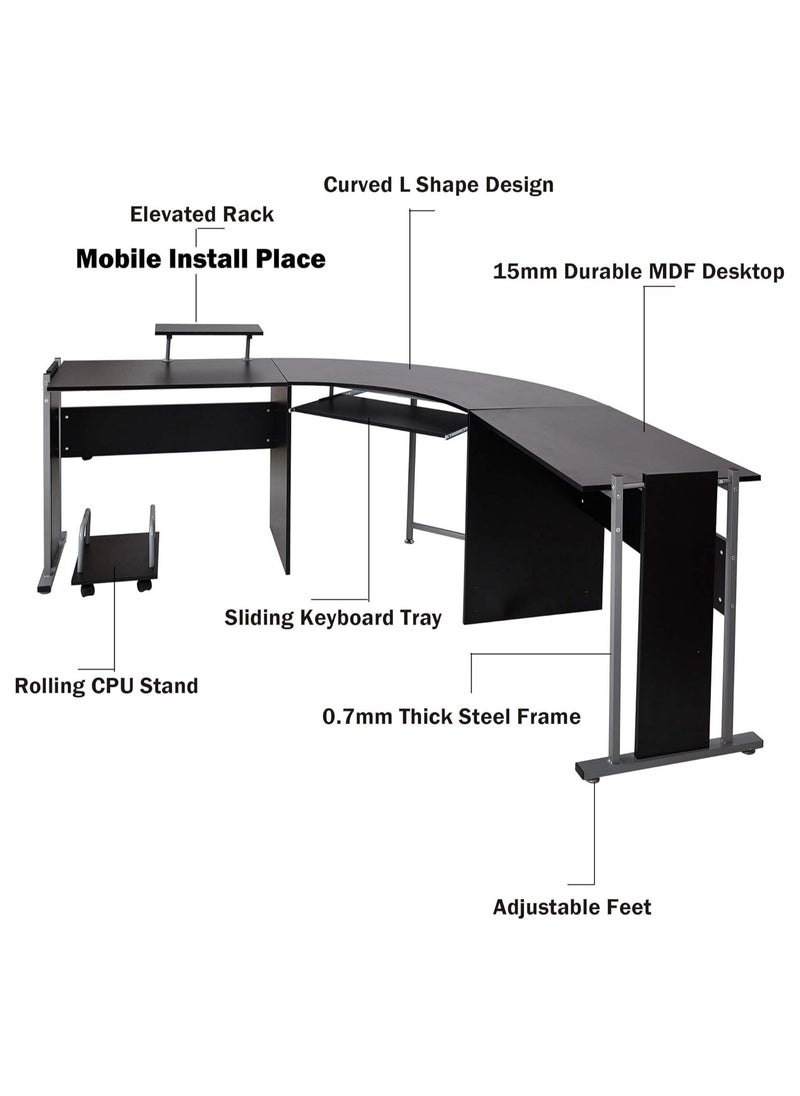NOAEOU 180×180×77cm L-Shaped Gaming Desk with Wide Curved Desktop,  Ergonomic Corner Computer Table for Home Office and Gaming, Black  - Image 4
