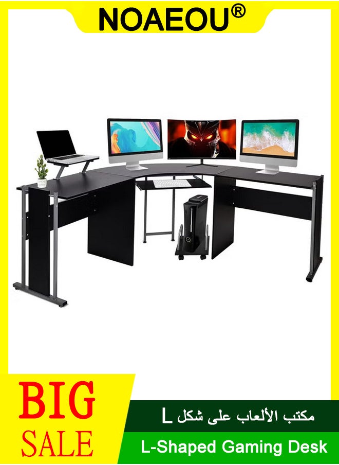 NOAEOU 180×180×77cm L-Shaped Gaming Desk with Wide Curved Desktop,  Ergonomic Corner Computer Table for Home Office and Gaming, Black  - Image 1