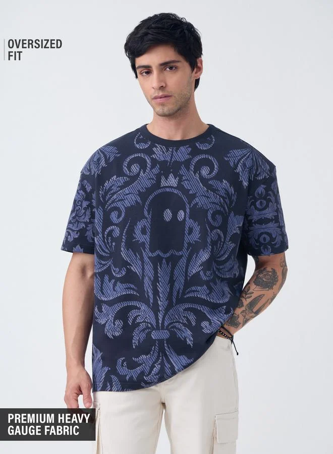 Men Navy Blue Graphic Print Cotton Round Neck Oversized T-Shirt
