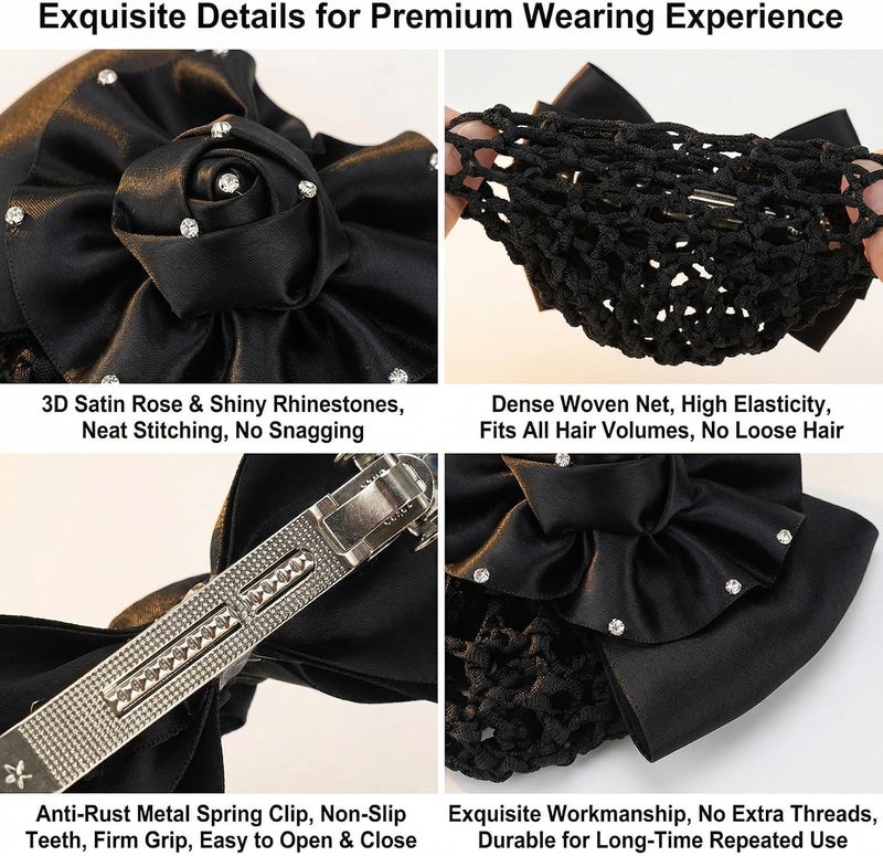 SYBL Women's Rhinestone Satin Bow Hair Accessory - Barrette, Bowknot Snood, and Net Hair Clip for Hotel, Airline, and Medical Professionals (Black) - Image 4