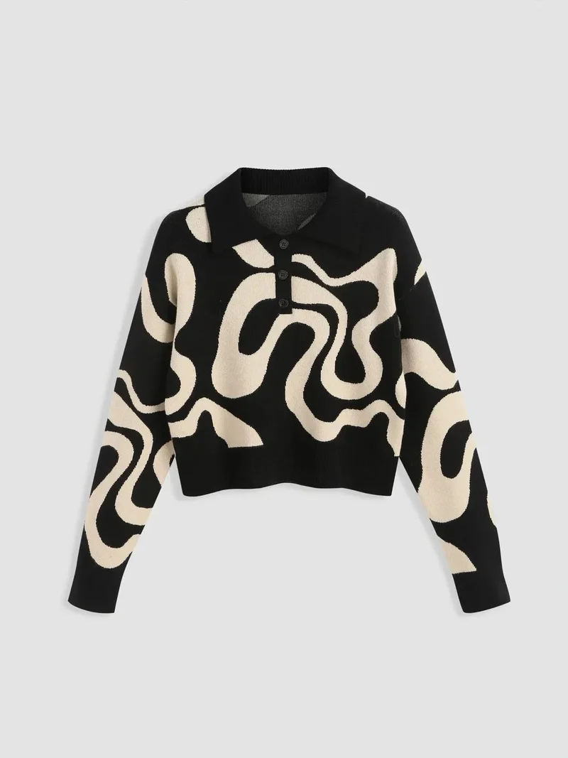 HICCUP Polo Collar Jacquard Knit Sweater