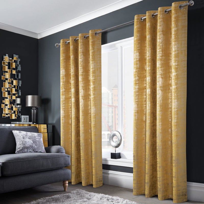always4u Yellow Soft Velvet Curtains 84 Inch Length Luxury Bedroom Curtains Gold Foil Print Window Treatments for Living Room Set of 2