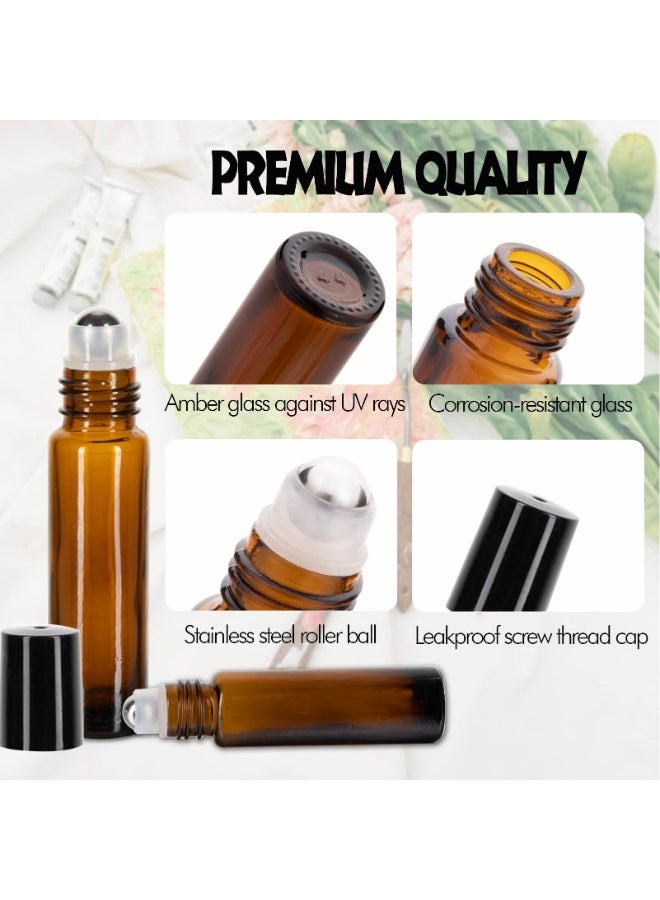 شابية 6 عبوات زجاجات دوارة للزيوت العطرية، كرات دوارة للزيوت العطرية سعة 10 مل، زجاجات دوارة زجاجية عنبرية، زجاجات دوارة مع كرات دوارة من الفولاذ المقاوم للصدأ، 1*فتحات، 1*قفل، 1*قطارة - Image 3