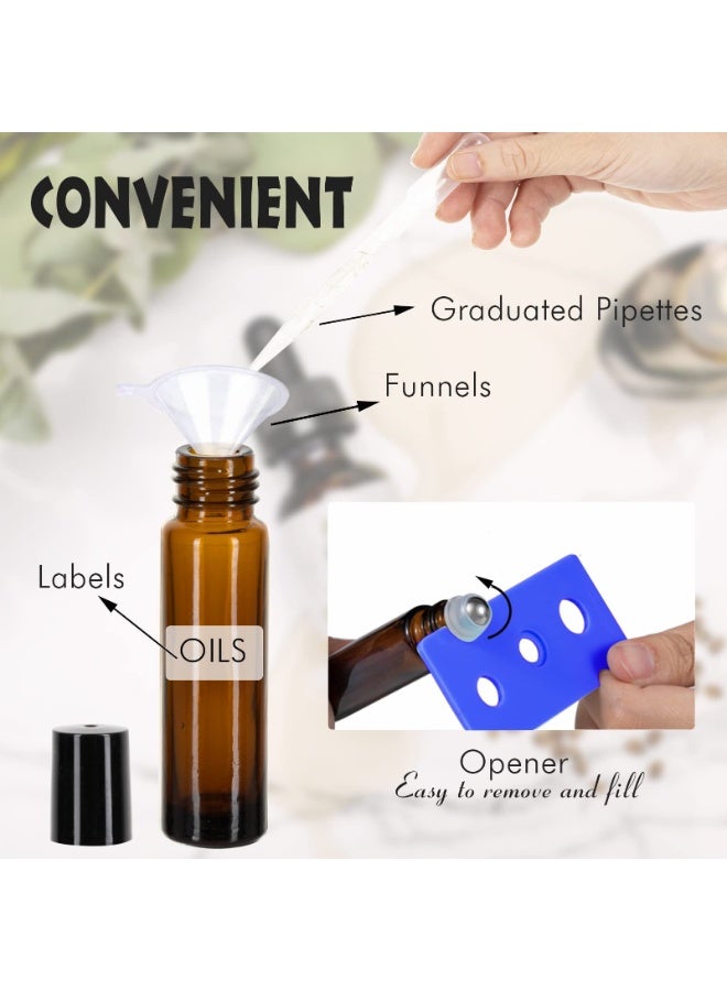 شابية 6 عبوات زجاجات دوارة للزيوت العطرية، كرات دوارة للزيوت العطرية سعة 10 مل، زجاجات دوارة زجاجية عنبرية، زجاجات دوارة مع كرات دوارة من الفولاذ المقاوم للصدأ، 1*فتحات، 1*قفل، 1*قطارة - Image 5