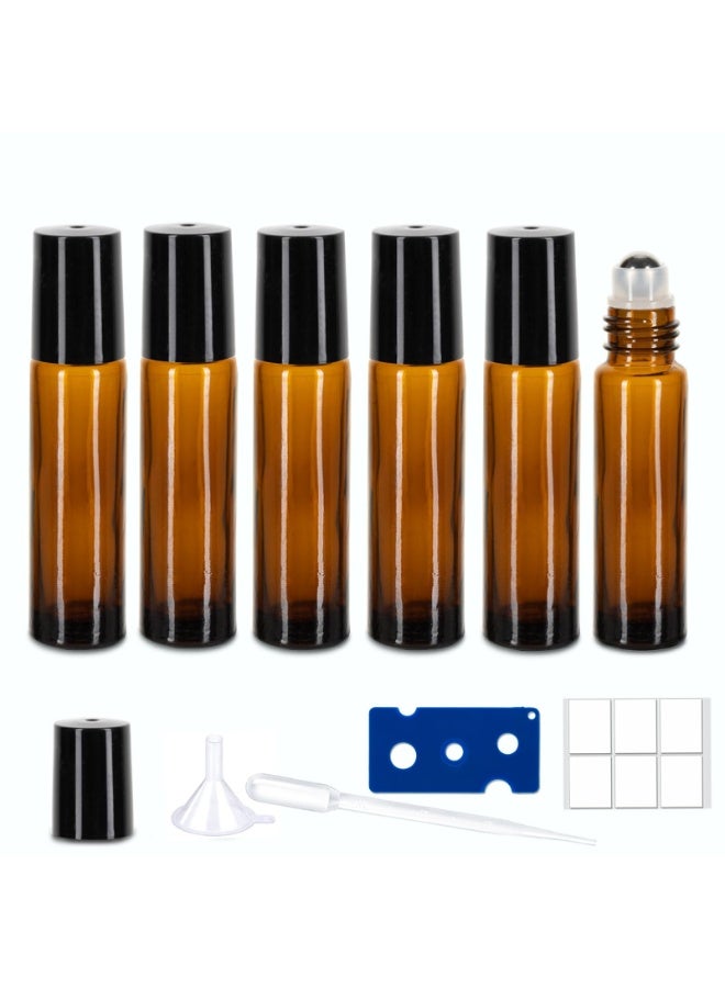 شابية 6 عبوات زجاجات دوارة للزيوت العطرية، كرات دوارة للزيوت العطرية سعة 10 مل، زجاجات دوارة زجاجية عنبرية، زجاجات دوارة مع كرات دوارة من الفولاذ المقاوم للصدأ، 1*فتحات، 1*قفل، 1*قطارة - Image 1