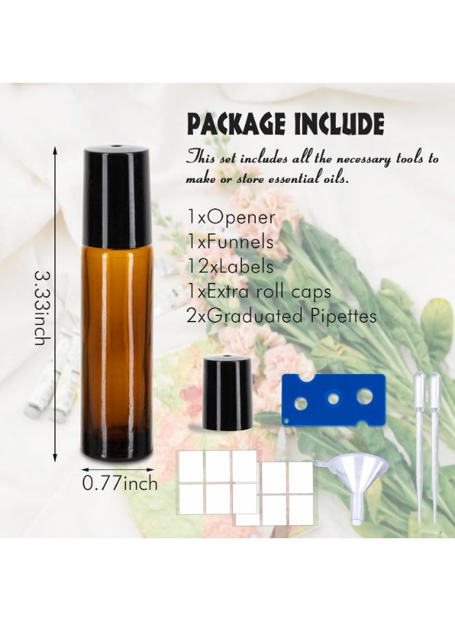 شابية 6 عبوات زجاجات دوارة للزيوت العطرية، كرات دوارة للزيوت العطرية سعة 10 مل، زجاجات دوارة زجاجية عنبرية، زجاجات دوارة مع كرات دوارة من الفولاذ المقاوم للصدأ، 1*فتحات، 1*قفل، 1*قطارة - Image 2