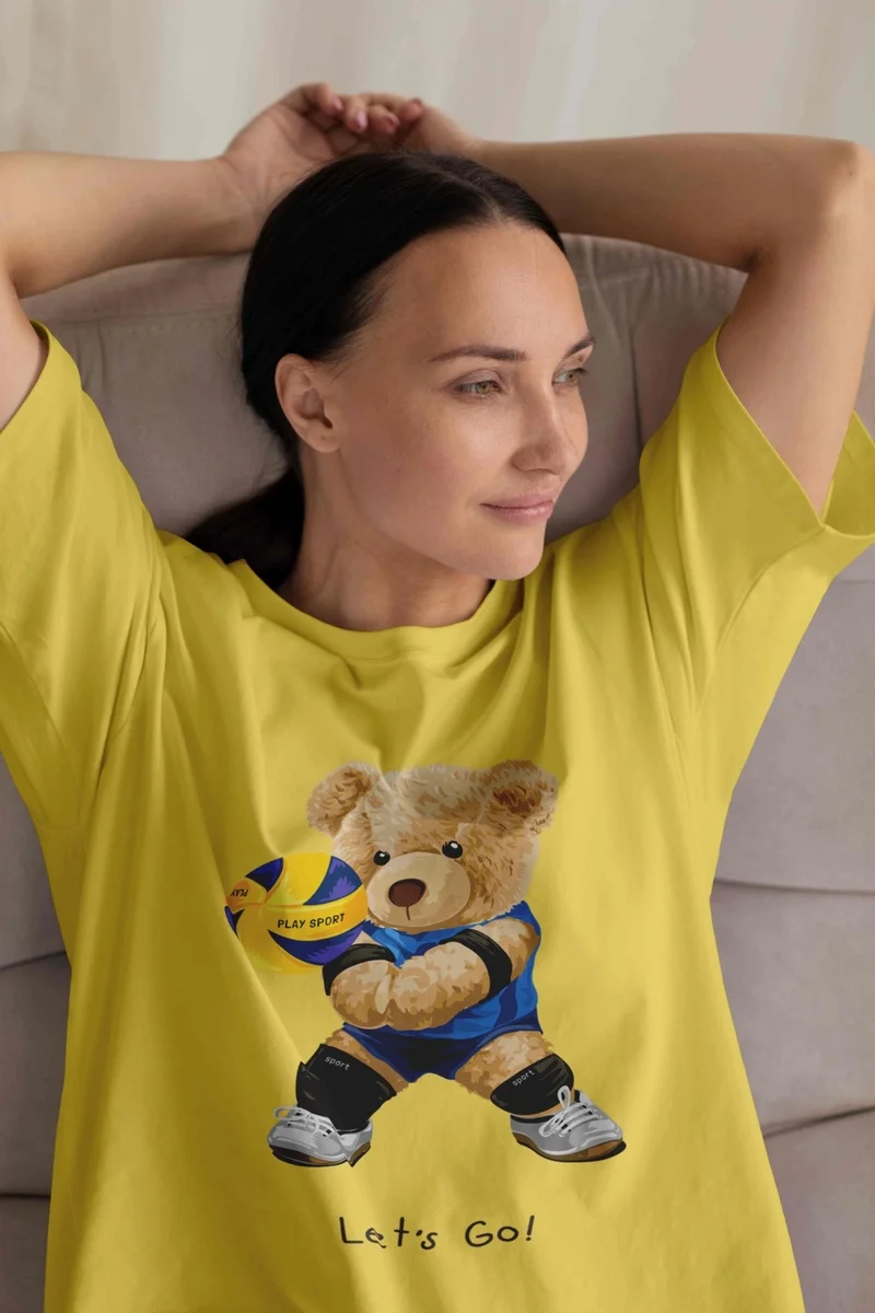 DogFish Teddy Jersey T-Shirt - Yellow Printed Oversize Crew Neck Short Sleeve T-Shirt