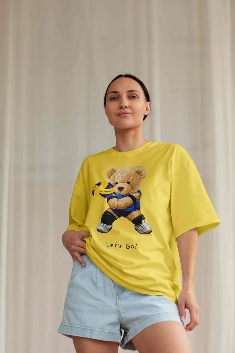 DogFish Teddy Jersey T-Shirt - Yellow Printed Oversize Crew Neck Short Sleeve T-Shirt