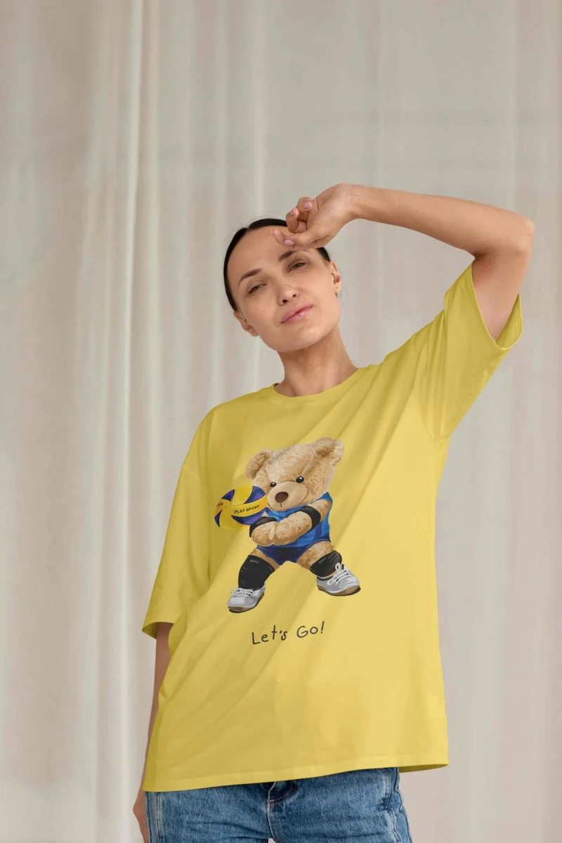 DogFish Teddy Jersey T-Shirt - Yellow Printed Oversize Crew Neck Short Sleeve T-Shirt