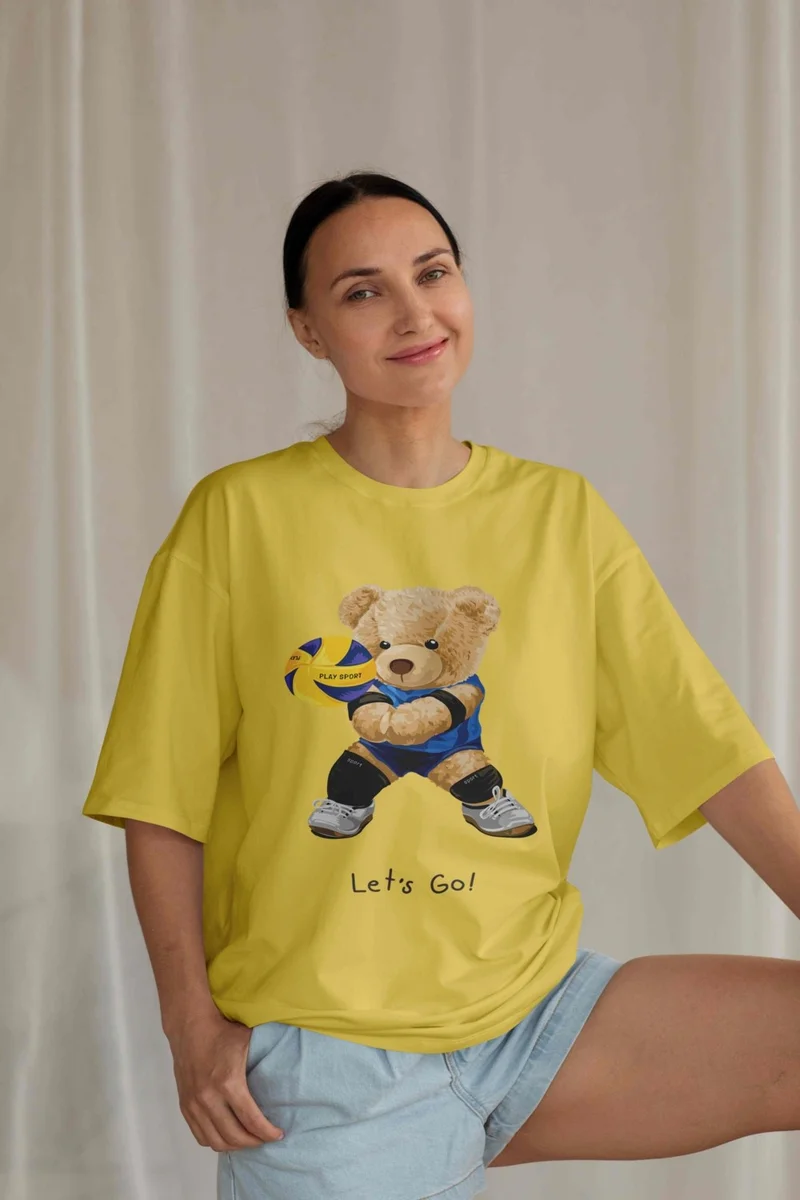 DogFish Teddy Jersey T-Shirt - Yellow Printed Oversize Crew Neck Short Sleeve T-Shirt