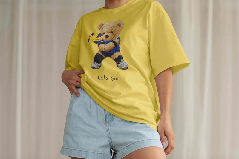 DogFish Teddy Jersey T-Shirt - Yellow Printed Oversize Crew Neck Short Sleeve T-Shirt