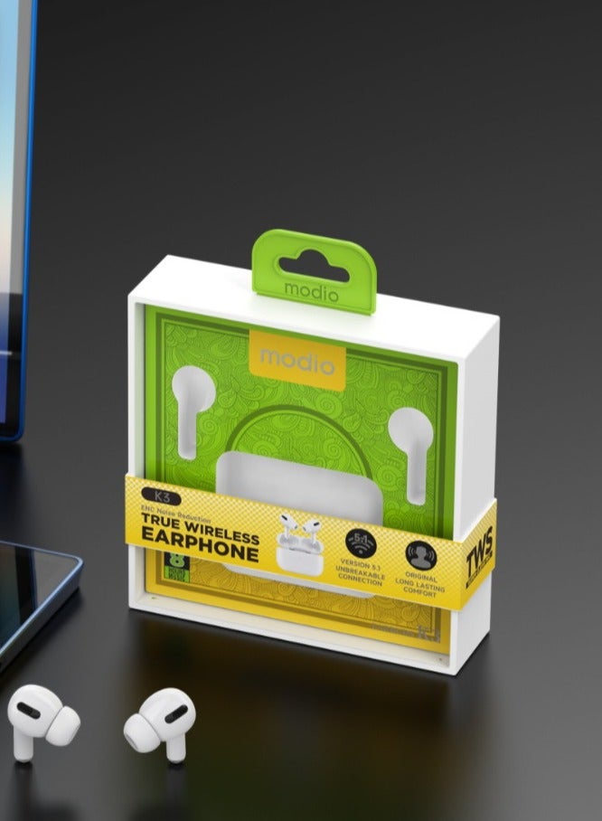 Modio K3 True Wireless Earphone with ENC noise Reduction -White - Image 2