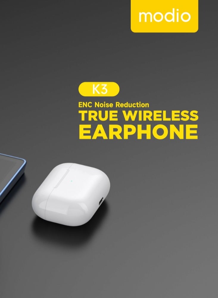 Modio K3 True Wireless Earphone with ENC noise Reduction -White - Image 3