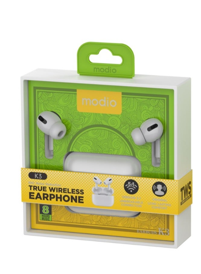 Modio K3 True Wireless Earphone with ENC noise Reduction -White - Image 4