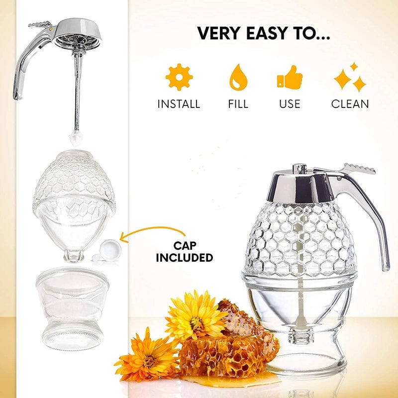 HMV MALL Honey Dispenser Maple Syrup Dispenser Glass Beautiful Comb Shaped Honey Pot Bottle Spice Jars Syrup and Sugar Jar Pot No Drip Honey Dispenser with High Capacity - Image 3