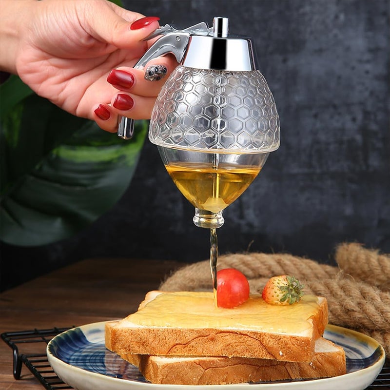 HMV MALL Honey Dispenser Maple Syrup Dispenser Glass Beautiful Comb Shaped Honey Pot Bottle Spice Jars Syrup and Sugar Jar Pot No Drip Honey Dispenser with High Capacity - Image 4