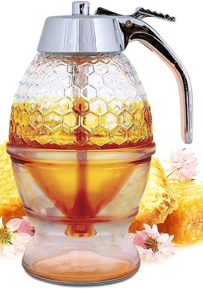 HMV MALL Honey Dispenser Maple Syrup Dispenser Glass Beautiful Comb Shaped Honey Pot Bottle Spice Jars Syrup and Sugar Jar Pot No Drip Honey Dispenser with High Capacity - Image 5