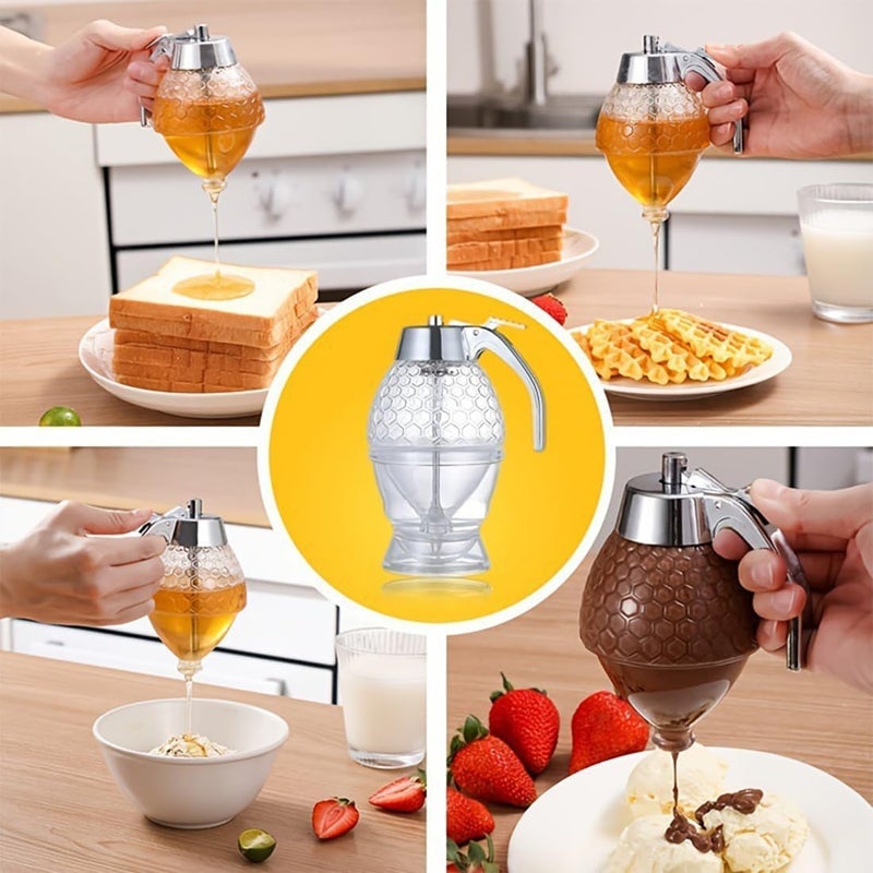 HMV MALL Honey Dispenser Maple Syrup Dispenser Glass Beautiful Comb Shaped Honey Pot Bottle Spice Jars Syrup and Sugar Jar Pot No Drip Honey Dispenser with High Capacity - Image 2