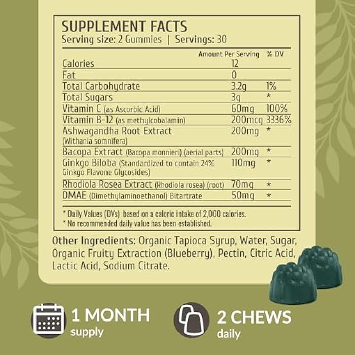 HERBAMAMA Brain Support Gummies – Brain Focus Supplements for Adults with Ashwagandha, Bacopa Monnieri, Vitamin C & B12 – Vegan, Non-GMO Calming Gummies – 60 Pectin-Based Blueberry-Flavored Chews - Image 3