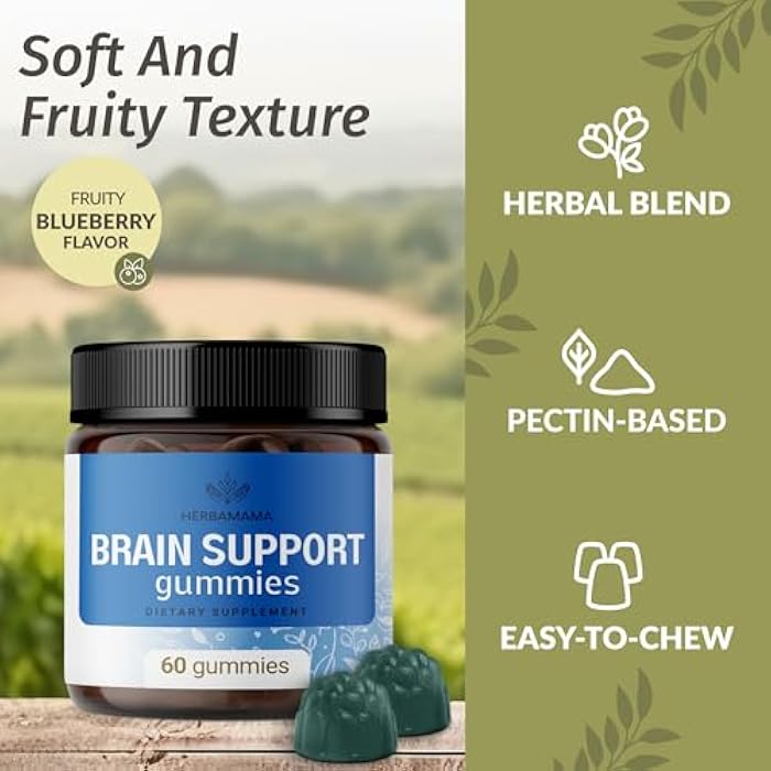 HERBAMAMA Brain Support Gummies – Brain Focus Supplements for Adults with Ashwagandha, Bacopa Monnieri, Vitamin C & B12 – Vegan, Non-GMO Calming Gummies – 60 Pectin-Based Blueberry-Flavored Chews - Image 4