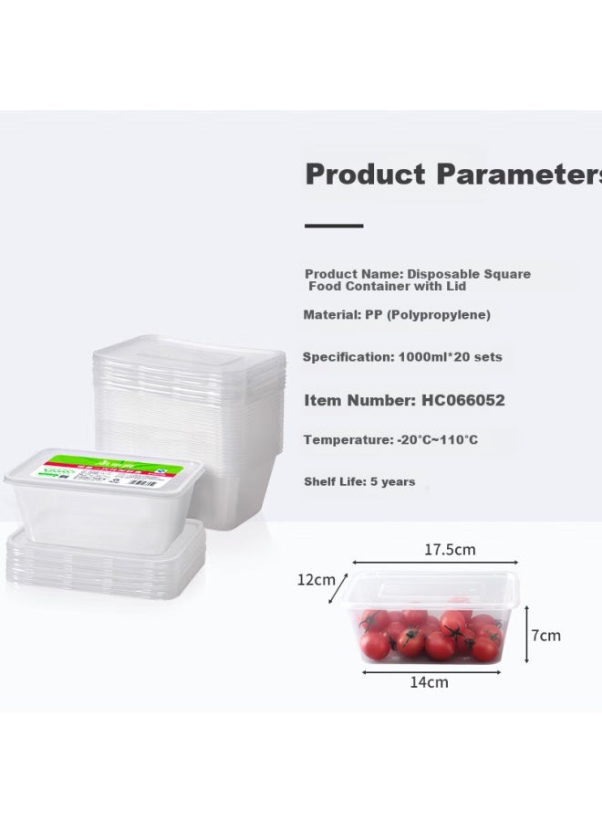 Maryya Disposable Food Container Square 1000ml*20 Sets Takeout Picnic Box Thickened With Lid Plastic Microwaveable - Image 1