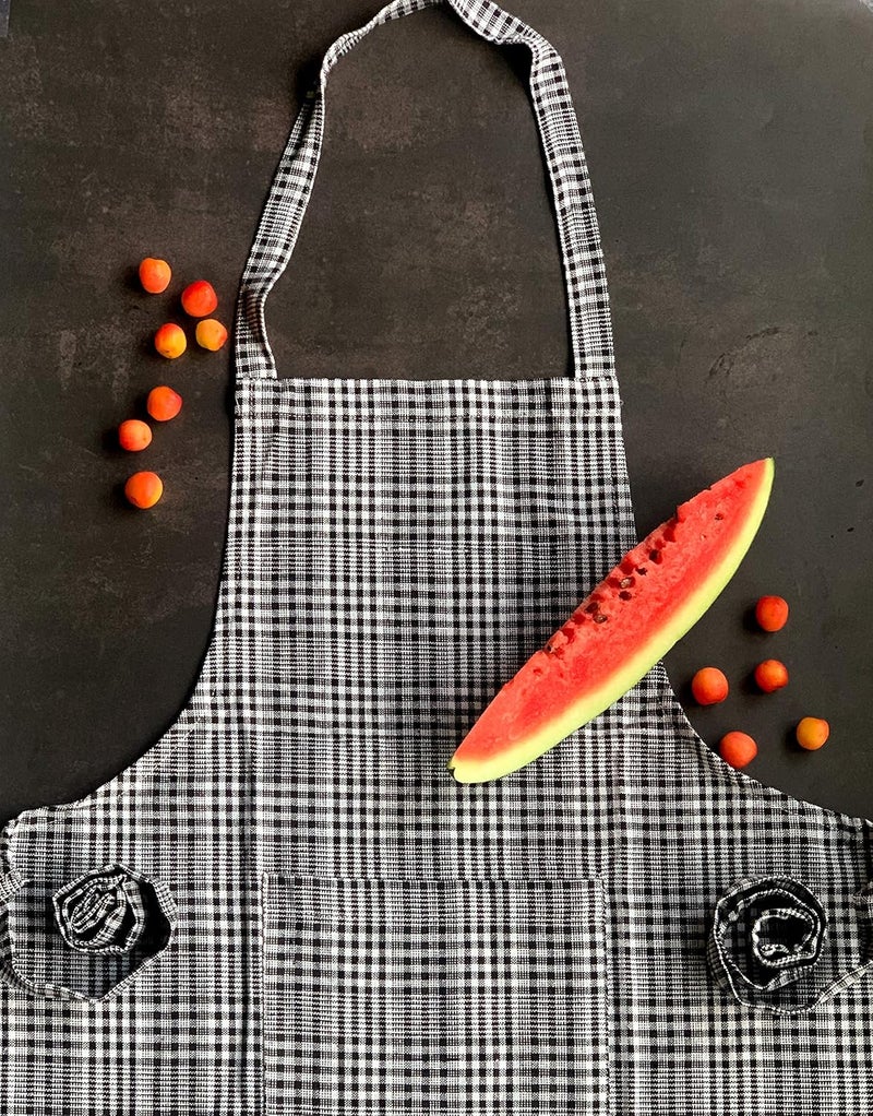 Pixel Home Cotton Apron with Oven Mitt - 100% Cotton Check Kitchen Apron (Black Stripe) - Image 3