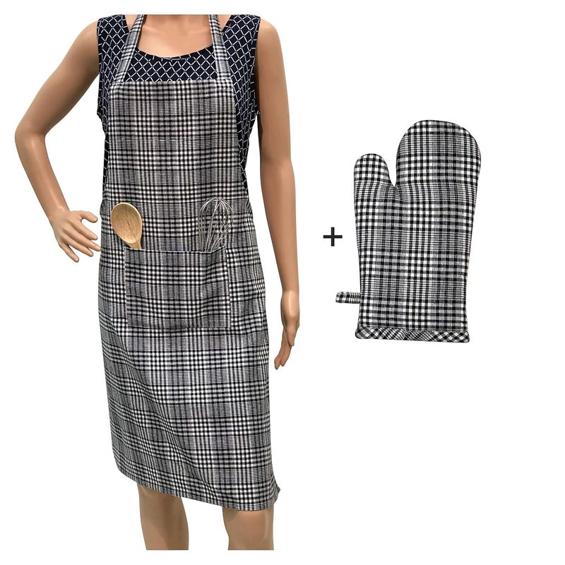 Pixel Home Cotton Apron with Oven Mitt - 100% Cotton Check Kitchen Apron (Black Stripe) - Image 1
