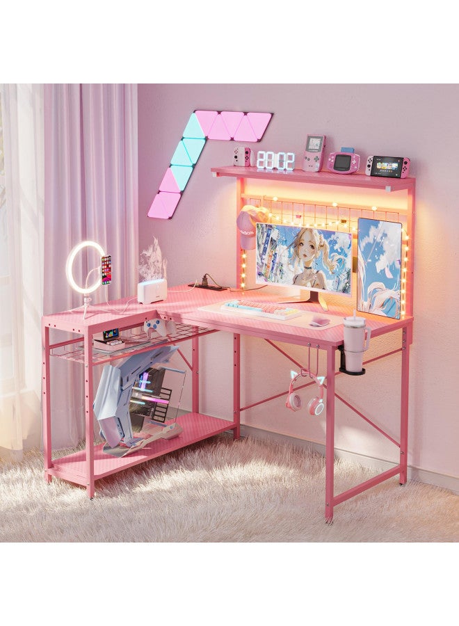 Bestier Bestier 42 L Gaming Desk,Computer Desk with Power Outlets, LED Lights, Reversible Corner Desk with 4-Tier Shelves,Cup Holder & Hook Carbon Fiber Pink  - Image 2
