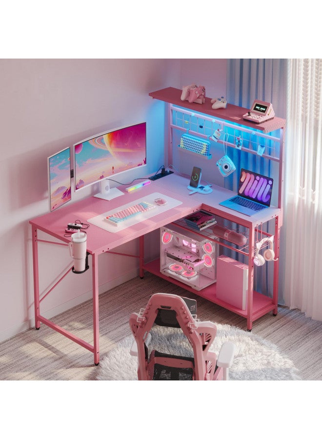 Bestier Bestier 42 L Gaming Desk,Computer Desk with Power Outlets, LED Lights, Reversible Corner Desk with 4-Tier Shelves,Cup Holder & Hook Carbon Fiber Pink  - Image 1