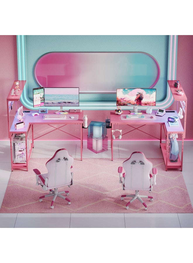 Bestier Bestier 42 L Gaming Desk,Computer Desk with Power Outlets, LED Lights, Reversible Corner Desk with 4-Tier Shelves,Cup Holder & Hook Carbon Fiber Pink  - Image 3