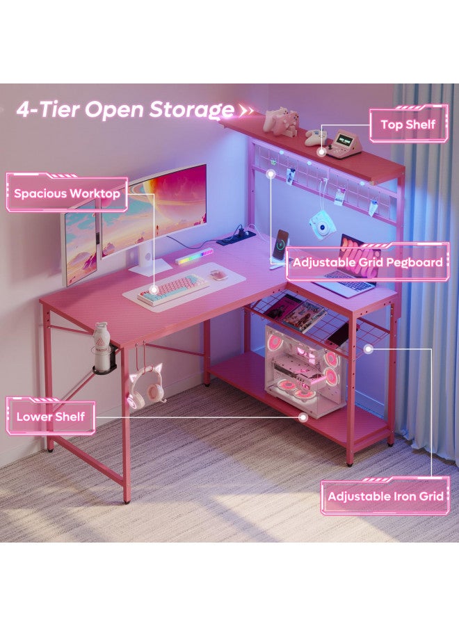 Bestier Bestier 42 L Gaming Desk,Computer Desk with Power Outlets, LED Lights, Reversible Corner Desk with 4-Tier Shelves,Cup Holder & Hook Carbon Fiber Pink  - Image 4