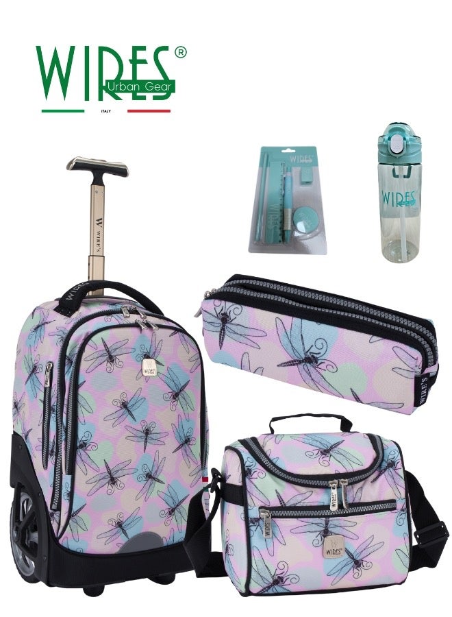 Wires 3 Piece Kids School Trolley Bag laptop compartment Big Wheels With Lunch bag & Pencil Case - Image 1