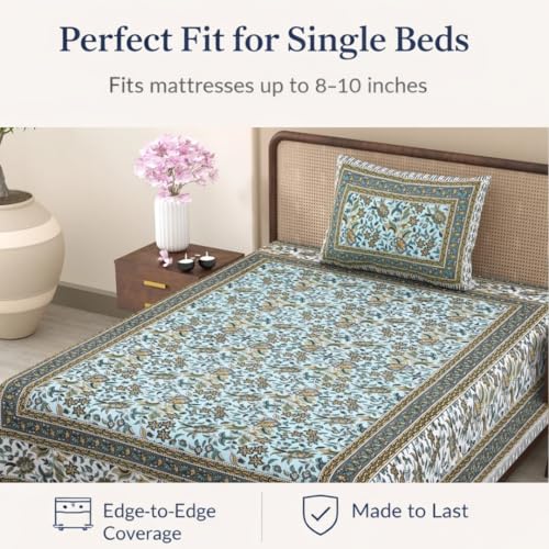elanorhomes 240 TC Cotton Single Size Bedsheet | Hand Printed | Ultra-Soft & Skin-Safe | Breathable Summer Comfort | 60x90 inches with 1 Pillow Cover (Seashell) - Image 5