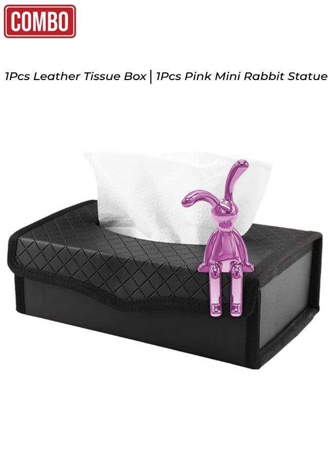 Leather Tissue Box Holder Combo with Pink Mini Rabbit Figurine – Car & Home Desk Decor, Magnetic Closure, Durable PU Leather Organizer Set - Image 1