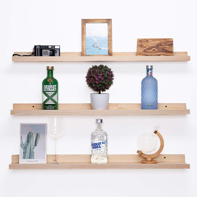 AZSKY 36 Inch Picture Ledge Shelf Solid Wood Large Floating Shelves Wall Mounted Rustic Natural Shelves for Home Living Room Bedroom Bathroom Office 3 Same Sizes