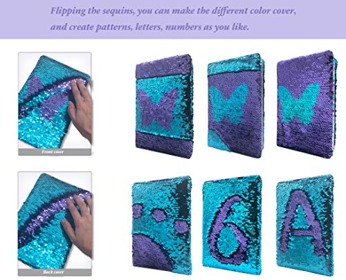 GINMLYDA Sequin Girls Journal for Kids 85x55 Inches 160 Lined Pages Diary for Girls Butterfly Reversible Flip Sequence Notebook for Teenage Pre School Writing Drawing Travel Gifts Purple Blue - Image 5
