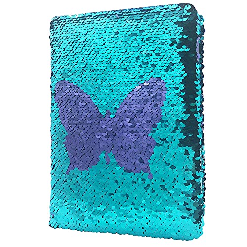 GINMLYDA Sequin Girls Journal for Kids 85x55 Inches 160 Lined Pages Diary for Girls Butterfly Reversible Flip Sequence Notebook for Teenage Pre School Writing Drawing Travel Gifts Purple Blue - Image 1