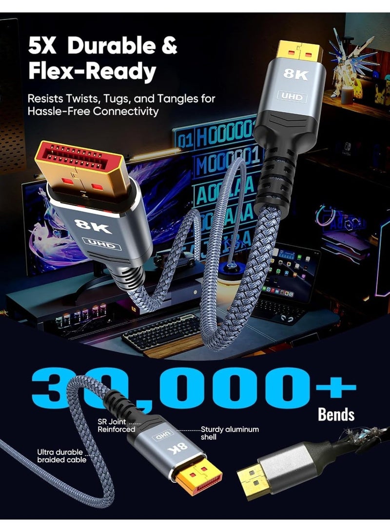 كبل منفذ ديسبلايبورت 1.4 بدقة 8K، طول 1 متر، كبل DP إلى DP يدعم دقة 8K عند 60 هرتز، 2K عند 240 هرتز، 4K عند 144 هرتز، معدل نقل بيانات 32.4 جيجابت في الثانية متوافق مع أجهزة الحاسوب المحمول، الحاسوب الشخصي، التلفزيون، شاشات الألعاب - Image 2