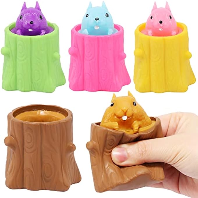 EVERMARKET 4 Pack Squeeze Squirrel Toys, Decompression Evil Squirrel Cup Sensory Fidget Toy Funny Rubber Squishes Toy Stress Relief, Weird Play Gift for Friends Adults (Pink Yellow Green Brown) - Image 1