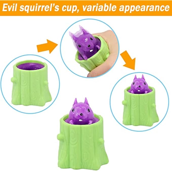 EVERMARKET 4 Pack Squeeze Squirrel Toys, Decompression Evil Squirrel Cup Sensory Fidget Toy Funny Rubber Squishes Toy Stress Relief, Weird Play Gift for Friends Adults (Pink Yellow Green Brown) - Image 3