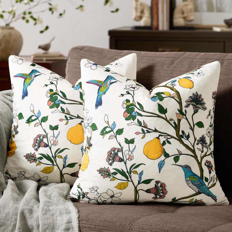 MUSSEL White Floral Pillow Covers 18x18 Set of 2, Velvet Wild Flower Plant Throw Pillows Case, Square Farmhouse Decor Cushion Covers for Home Sofa Bed Couch - Image 1